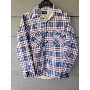 Vintage Sears Jacket Mens Medium Blue Plaid Quilted Flannel Lined USA 70s